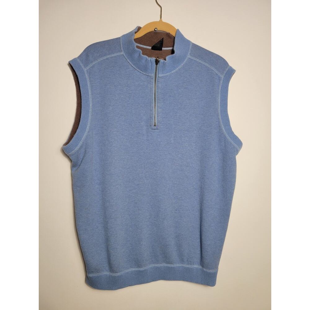 Horn Legend Sweater Vest Mens L Blue Brown ReversibleQuarter Zip 100% Cotton
